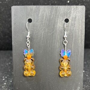 Orange Gummy Bear Earrings with Crystal Bow